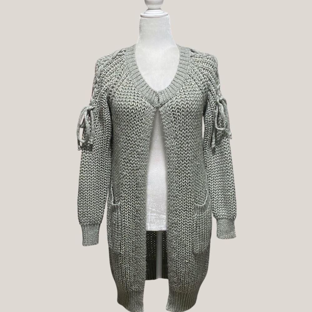 Kloth & Clover Boho Long Chunky Cardigan Sweater Silver Gray Tie Sleeve S/M